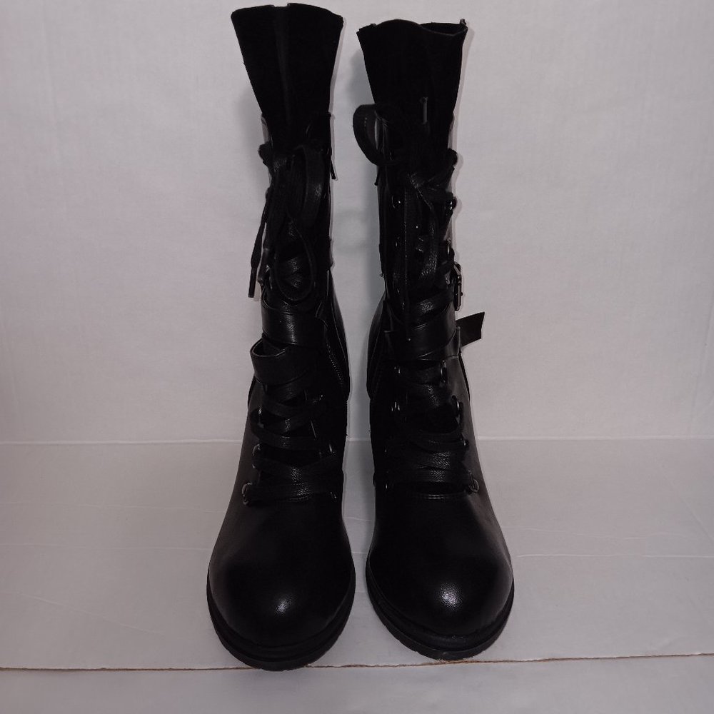 CHASE & CHLOE CHUNKY HEEL LACE UP COMBAT MOTO BOOTS